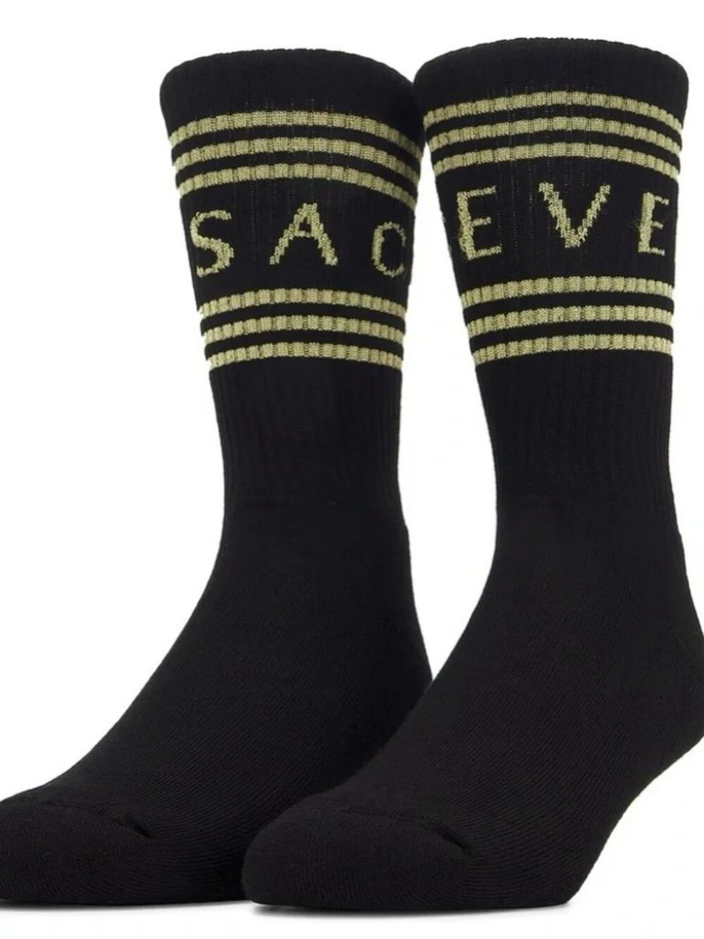 NWT Versace Black Crew Socks with Metallic Gold Logo Stripes - Picture 3 of 9